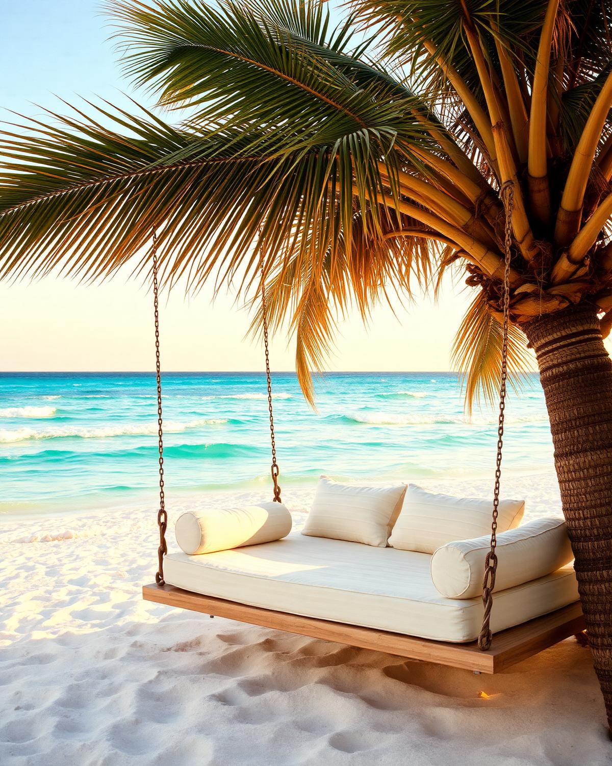 Swinging daybed under a palm on Diani Beach